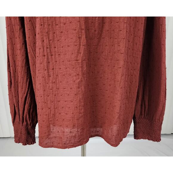 Madewell Sheer-Sleeve Mockneck Top in Clip Dot Rusted Burgundy Size Medium - Picture 8 of 11